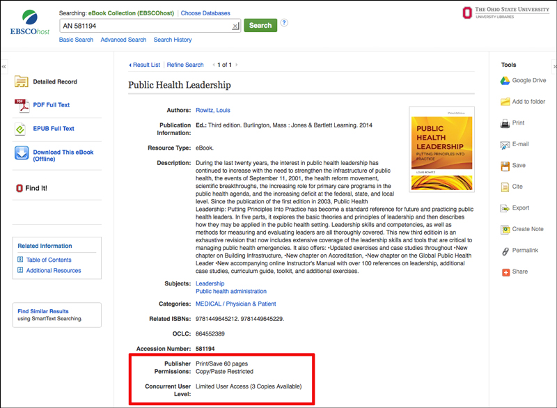 Screenshot of EbscoHost eBook. Area highlighted in red shows that this eBook is limited to 3 users at a time and printing or saving is limited to 60 pages.