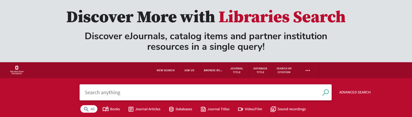 Banner for The Ohio State University Libraries Search featuring a search bar, categories, and navigation options.