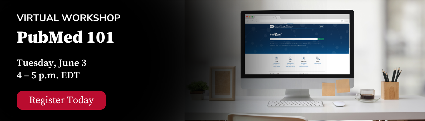 Image promoting a virtual workshop titled "PubMed 101" with a desk and computer displaying the PubMed website.