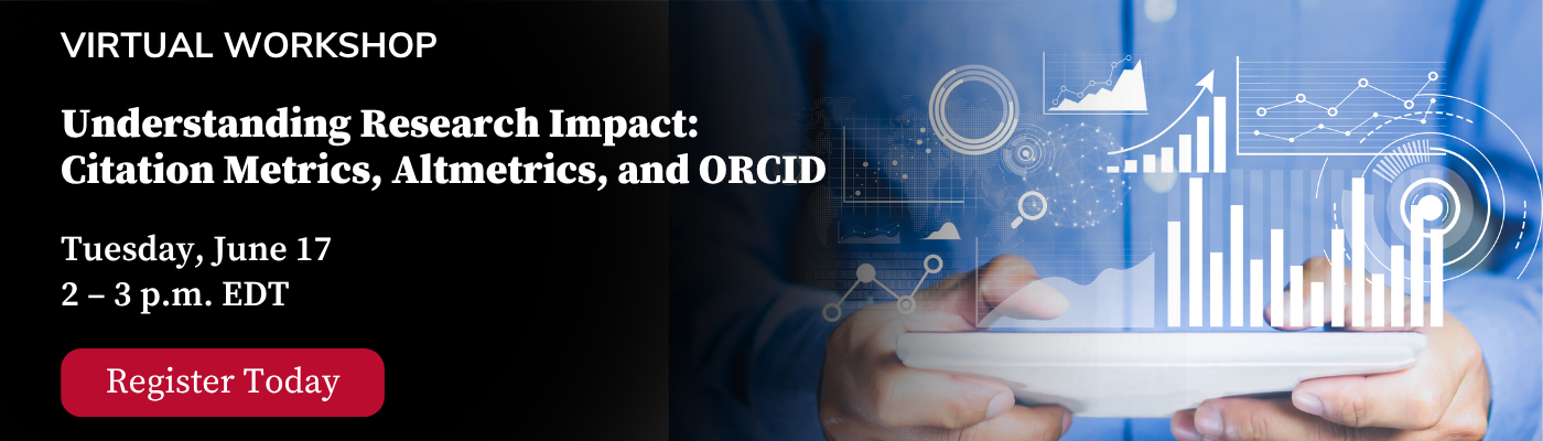 Banner for a virtual workshop on understanding research impact with metrics and ORCID.