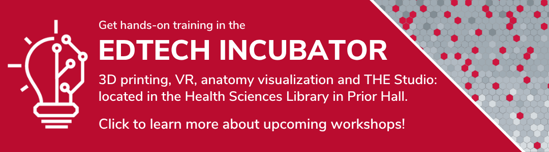 Banner promoting the EDTECH INCUBATOR with text on a red background and a light bulb graphic.