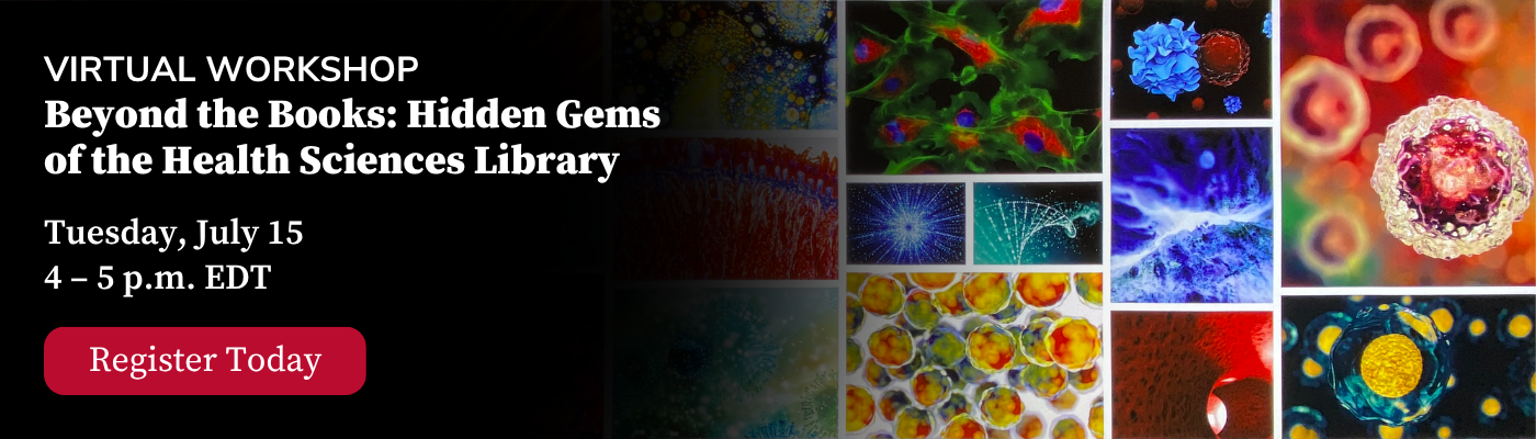 Promotional banner for a virtual workshop with microscopic images in a colorful collage on the right.