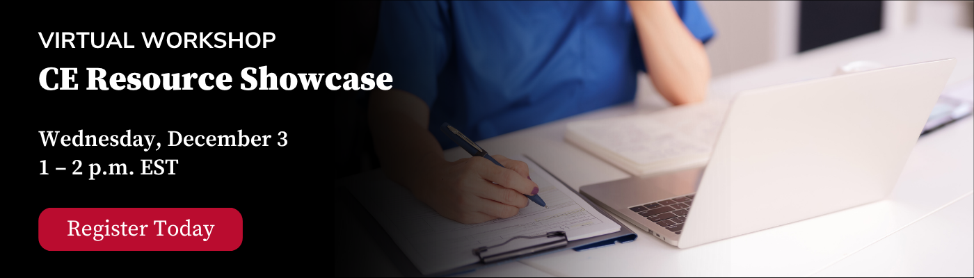 Virtual workshop banner for “CE Resource Showcase,” Dec 3, 1–2 p.m. EST. Person writing notes beside laptop. “Register Today” button.