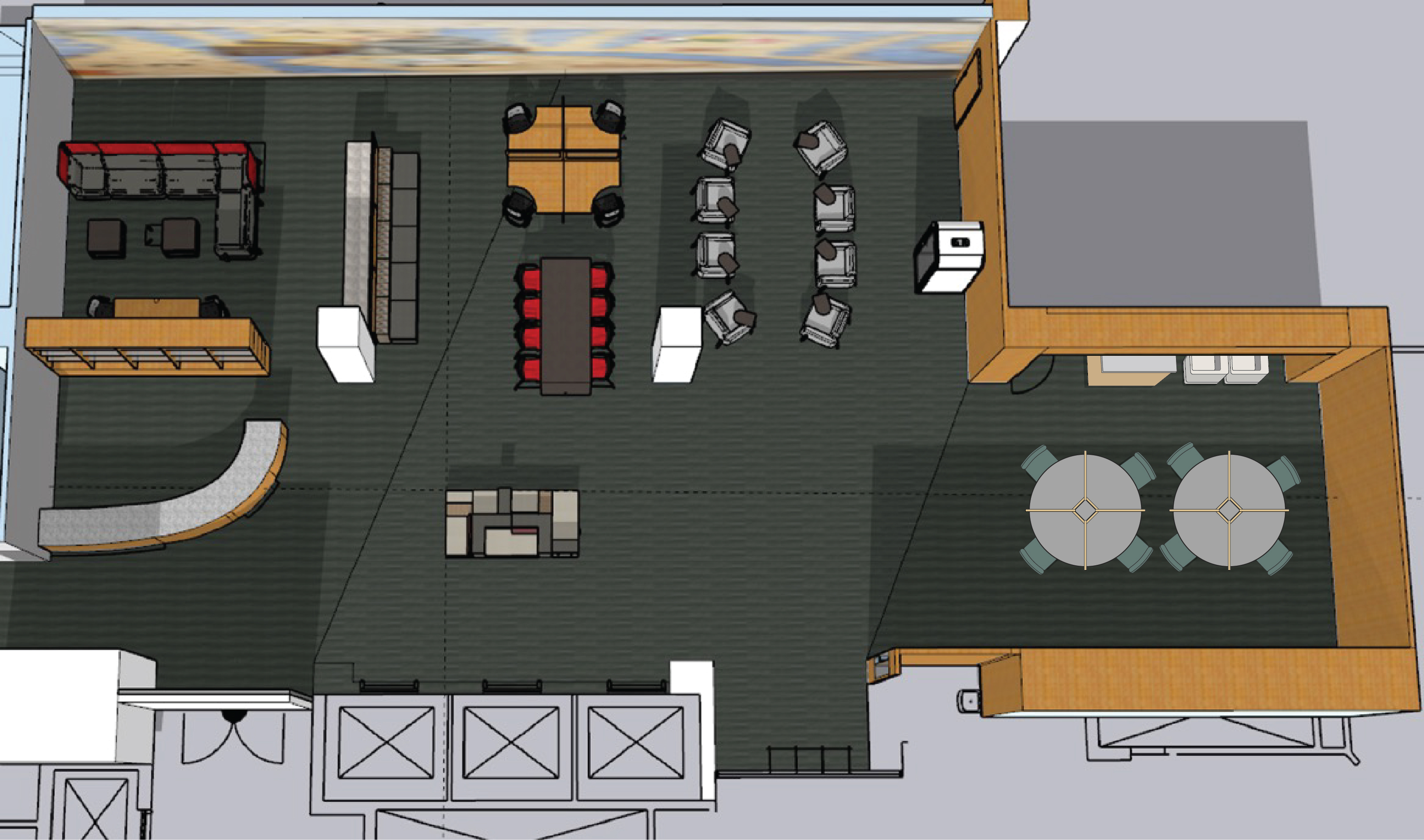 Architectural rendition of the proposed floor plan for the HSL's first floor, after renovations are complete. The floor plan shows a schematic interpretation of furniture layout, with a combination of soft seating, individual armchairs, bar-height seating, and collaborative tables.