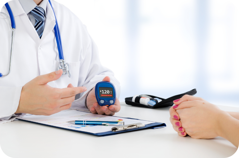 Doctor shows glucometer with glucose level.