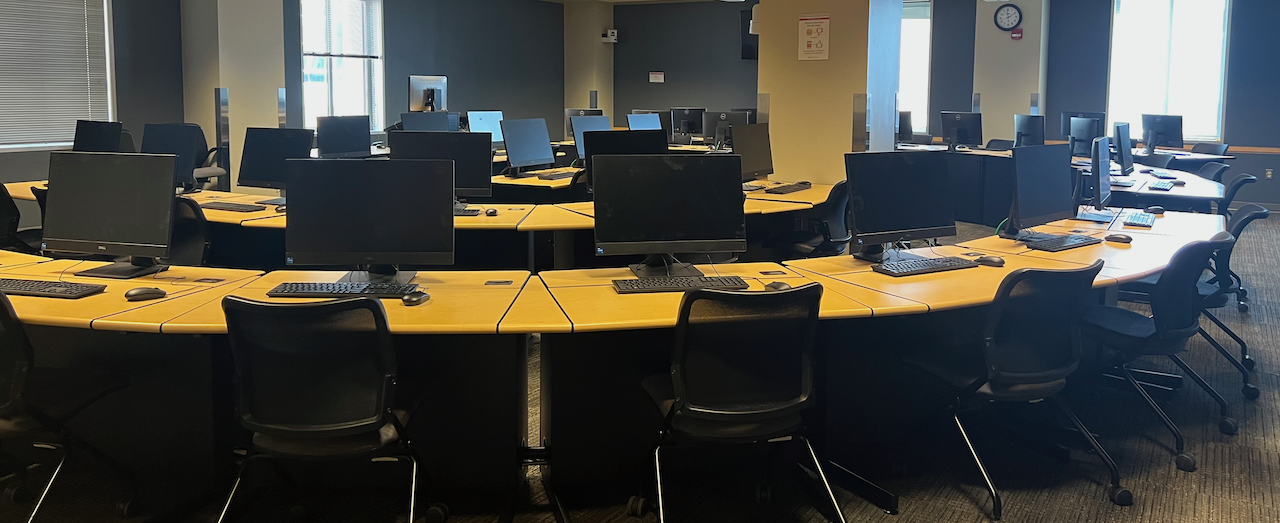 The Prior Hall 460B computer lab, part of the EdTech Incubator technology zones, includes 38 workstations.