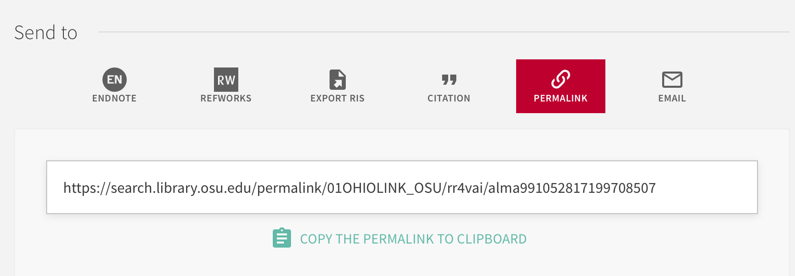 Selecting the “permalink” option will generate a library record link for the resource that can then be copied and pasted into course materials