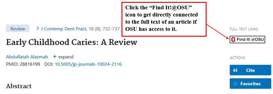 Screenshot of Find It button that leads to full text links on PubMed
