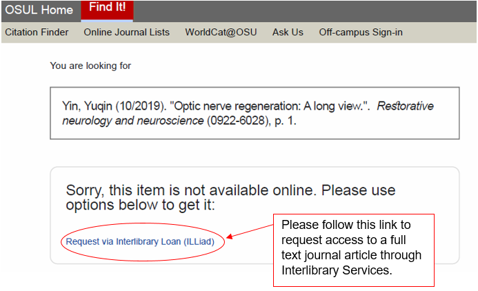 Screenshot of Find It button to request via Interlibrary Loans