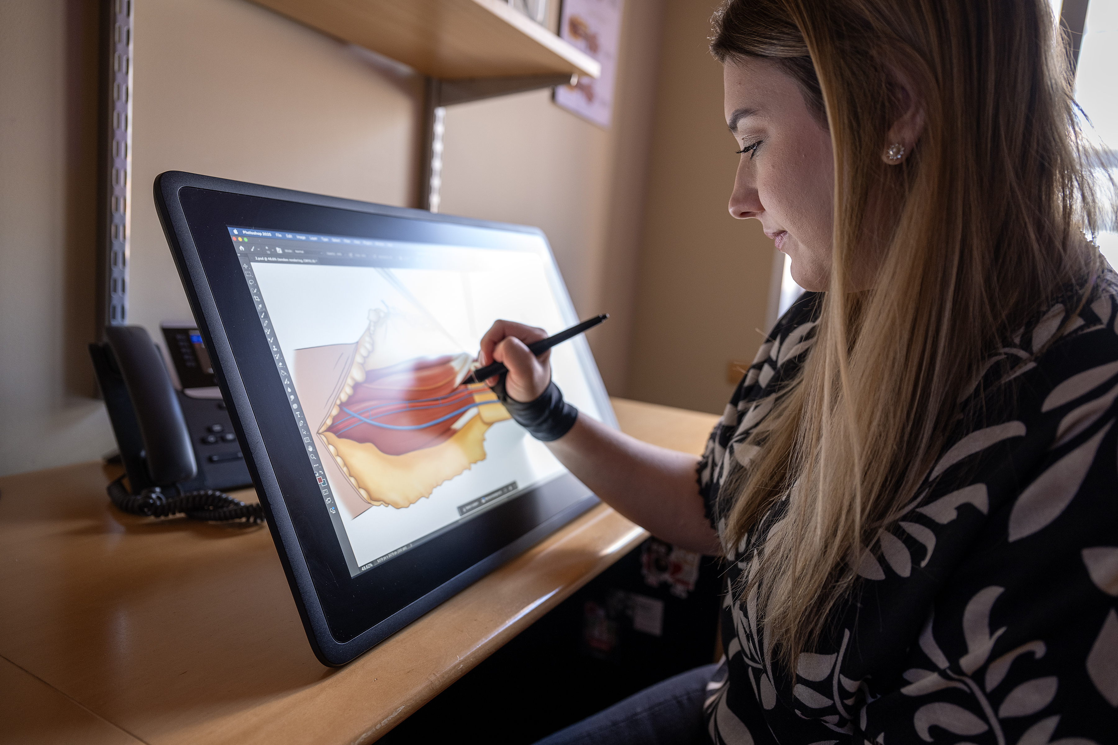 Woman in her office, working on a medical illustration.