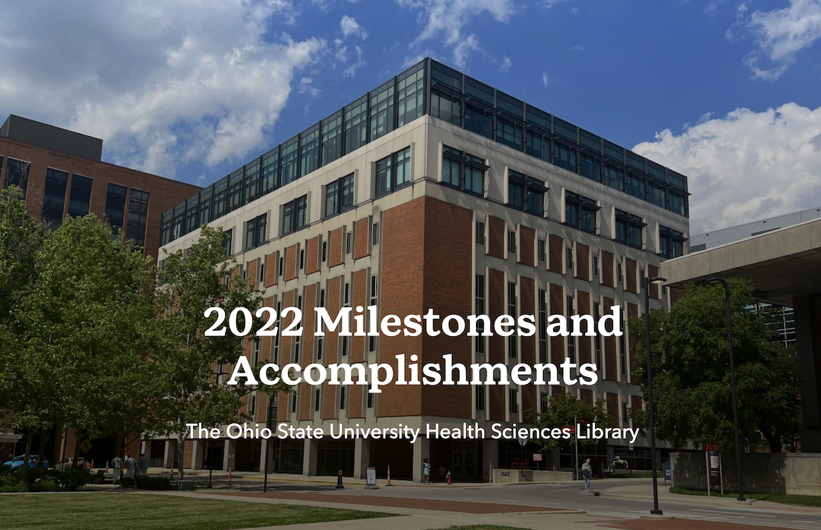 Thumbnail image for the Health Sciences Library's 2022 Milestones and Accomplishments report, showing a photo of Prior Hall where the library is located.