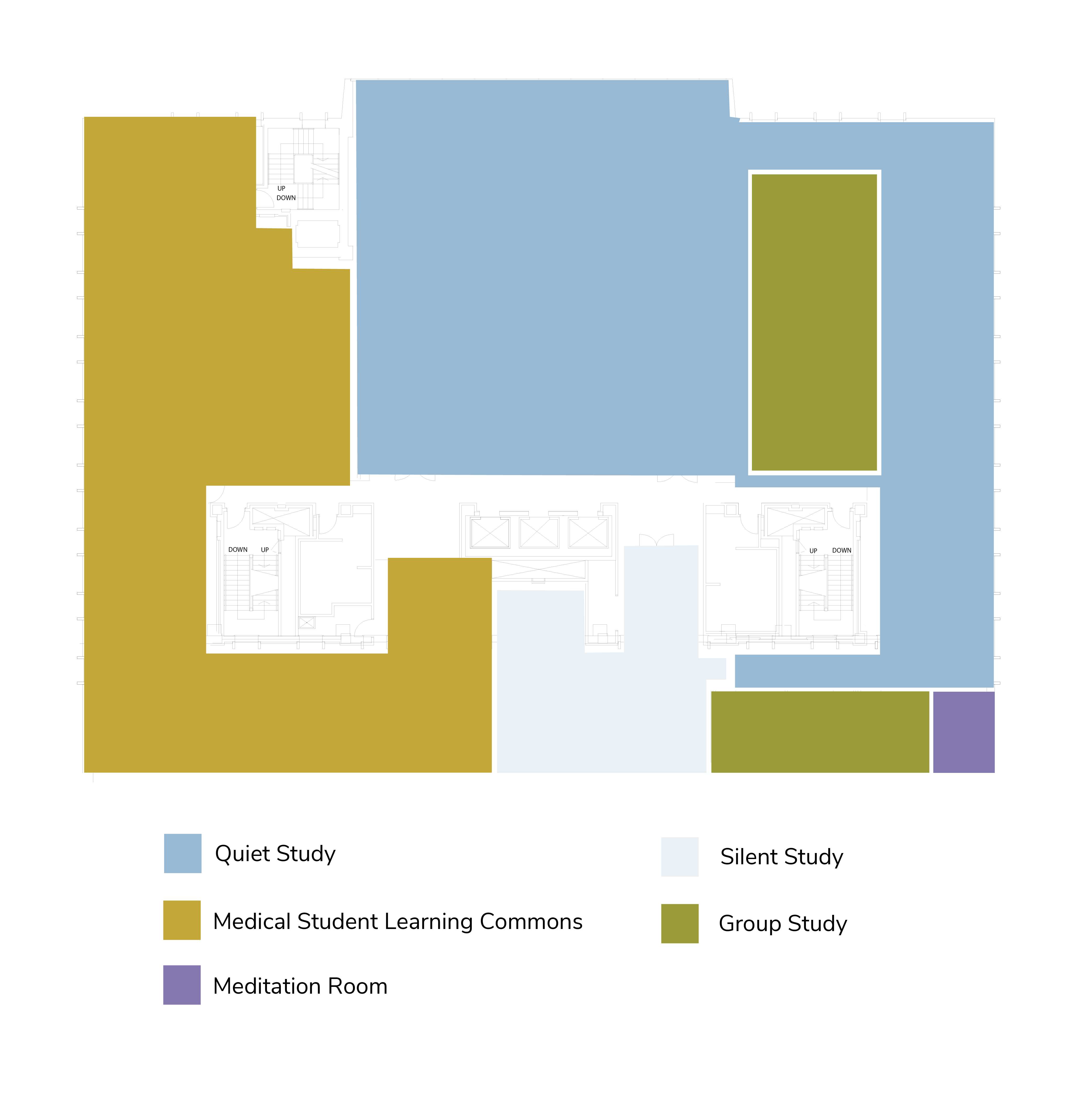 Health Sciences Library third floor showing study spaces, study rooms, meditation room and medical student-only space.