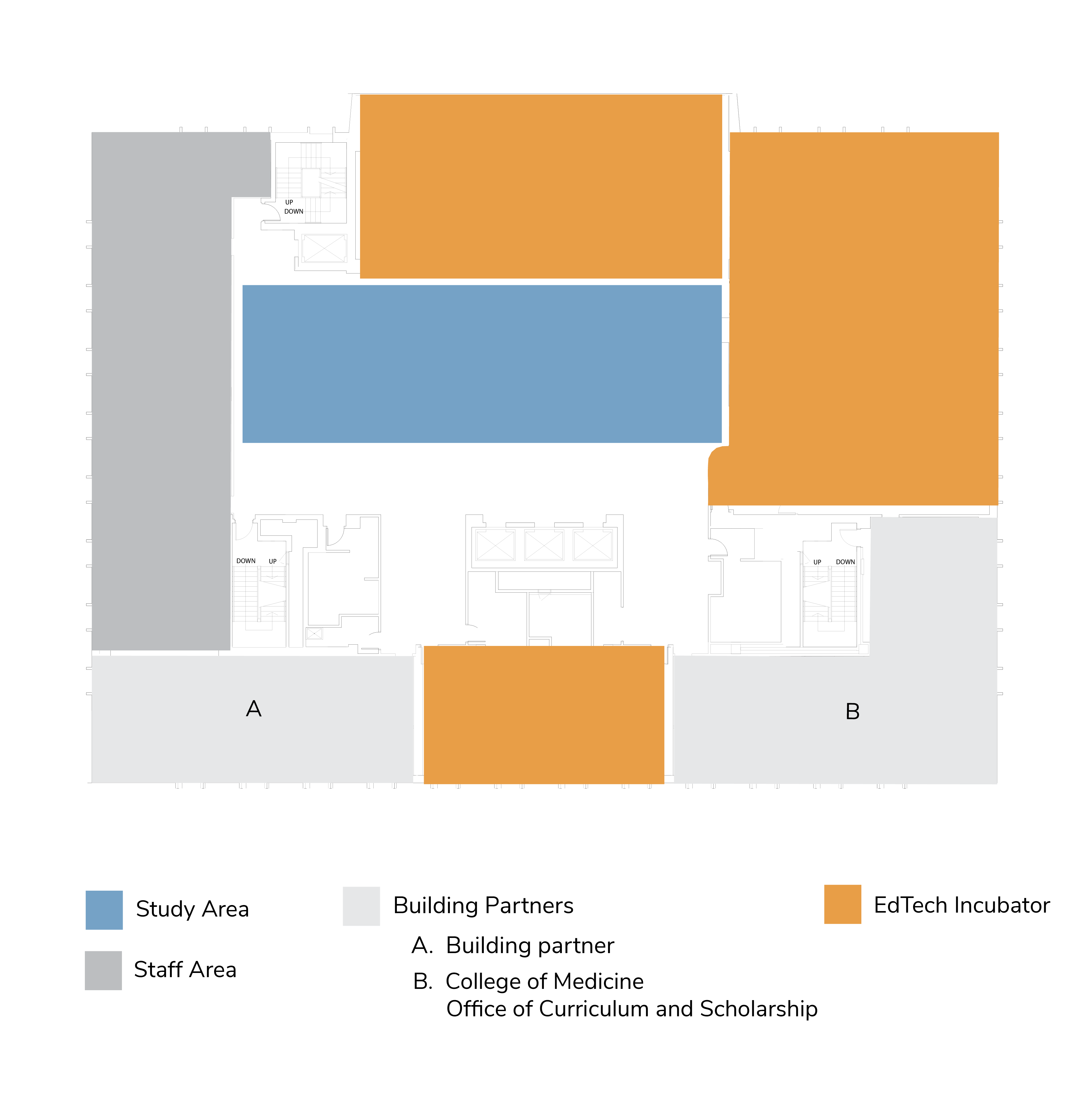 Health Sciences Library fourth floor, showing EdTech Incubator zones, study space, staff areas and the Office of Curriculum and Scholarship.