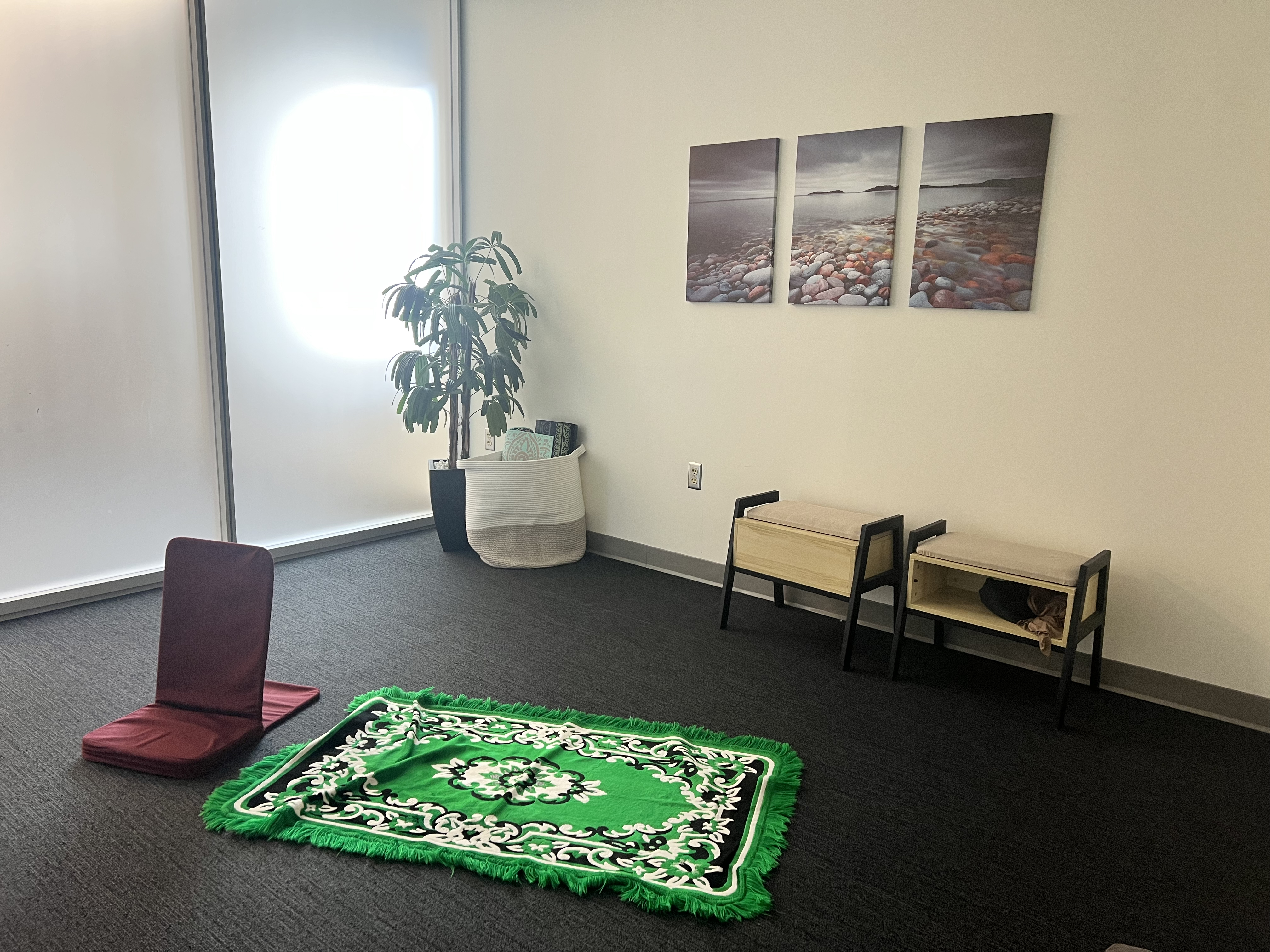 Dimly lit meditation room.