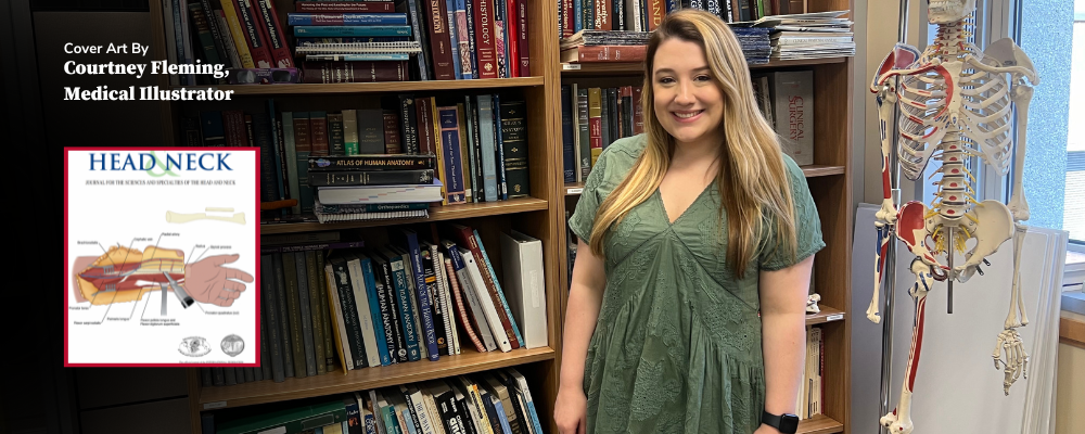 Courtney Fleming standing in front of bookcase with a medical illustration overlayed on the image