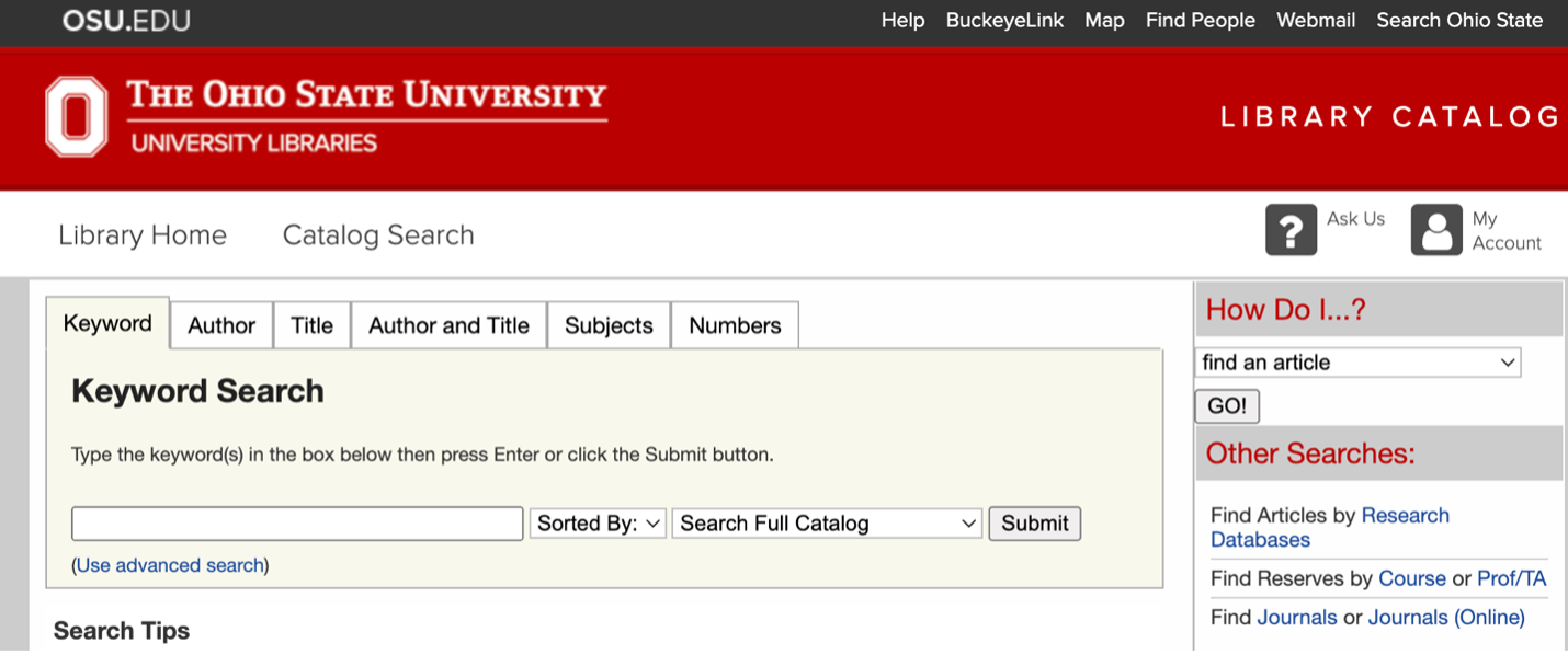 Screenshot of OSU Library Catalog home page