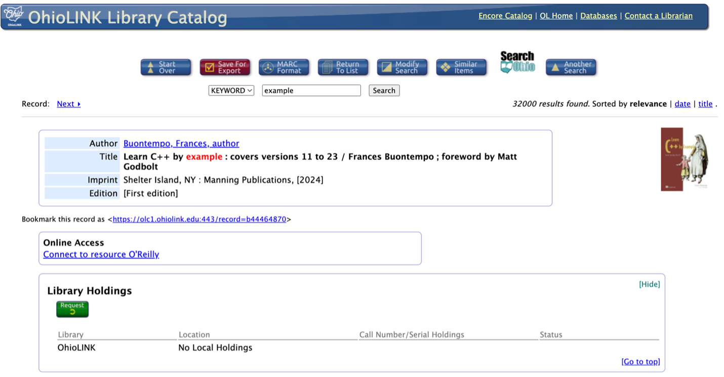 Screenshot of requesting materials from Ohio Link catalog