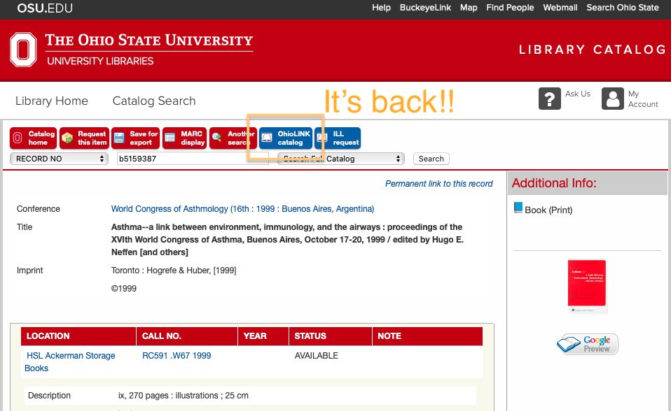 A screenshot from The Ohio State University Library Catalog showing the OhioLINK catalog button is back