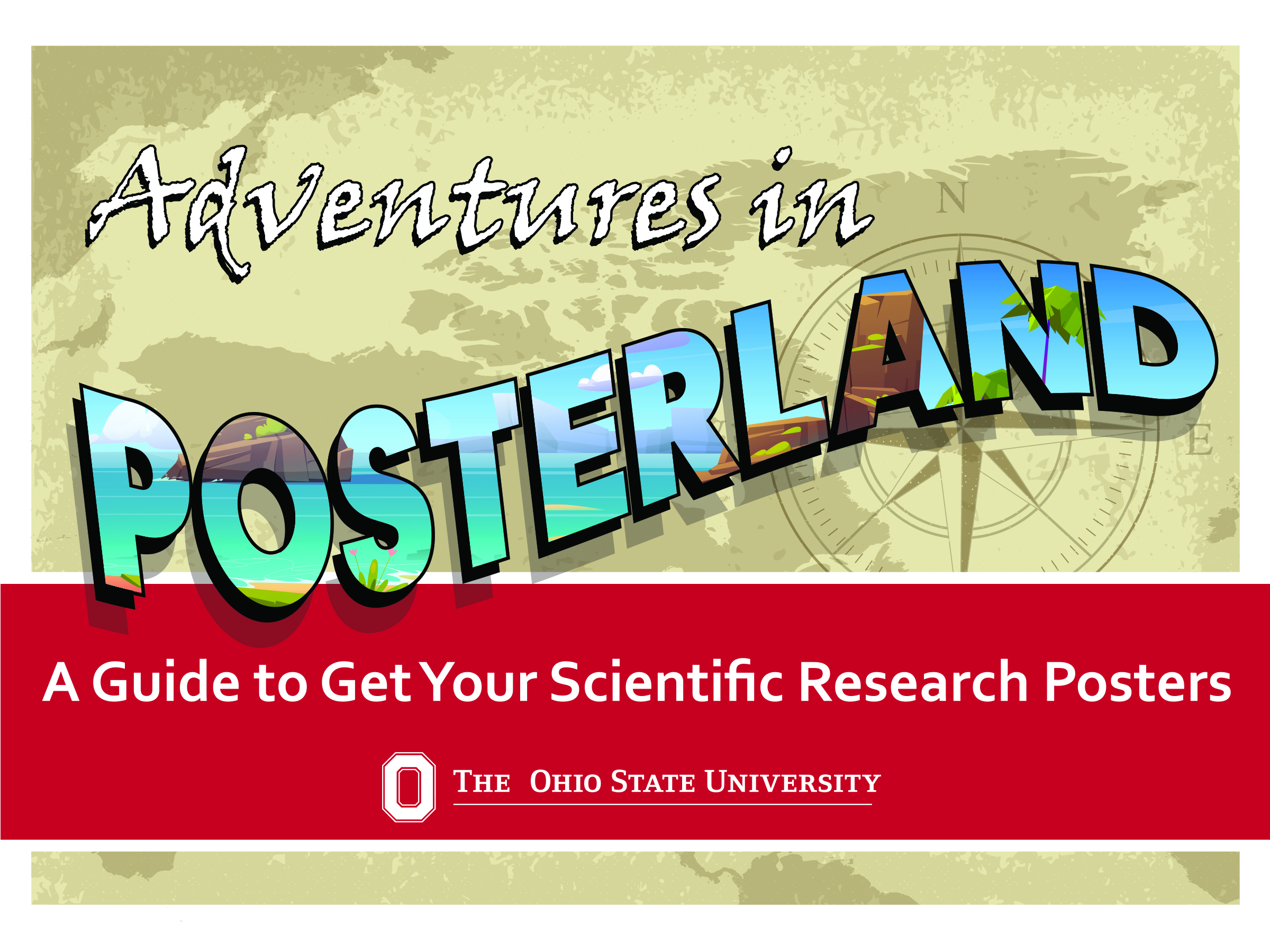 postcard-inspired graphic with text, "Adventures in PosterLand: A Guide to Get Your Scientific Research"