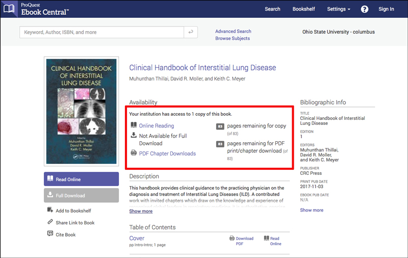 Screenshot of ProQuest eBook Central eBook. Area highlighted in red shows that this eBook is limited to 1 user at a time and copying, printing, or downloading is limited to 83 pages.