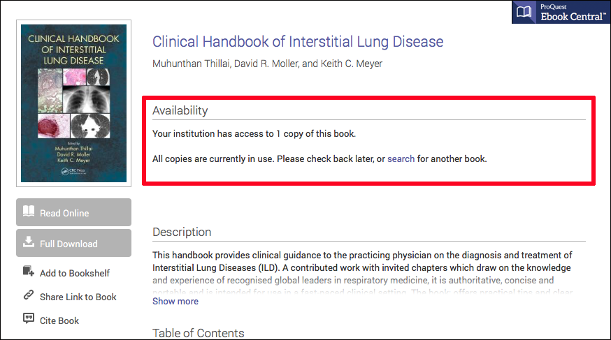Screenshot of ProQuest eBook Central eBook. Area highlighted in red dispays message, “All copies are currently in use. Please check back later, or search for another book.”