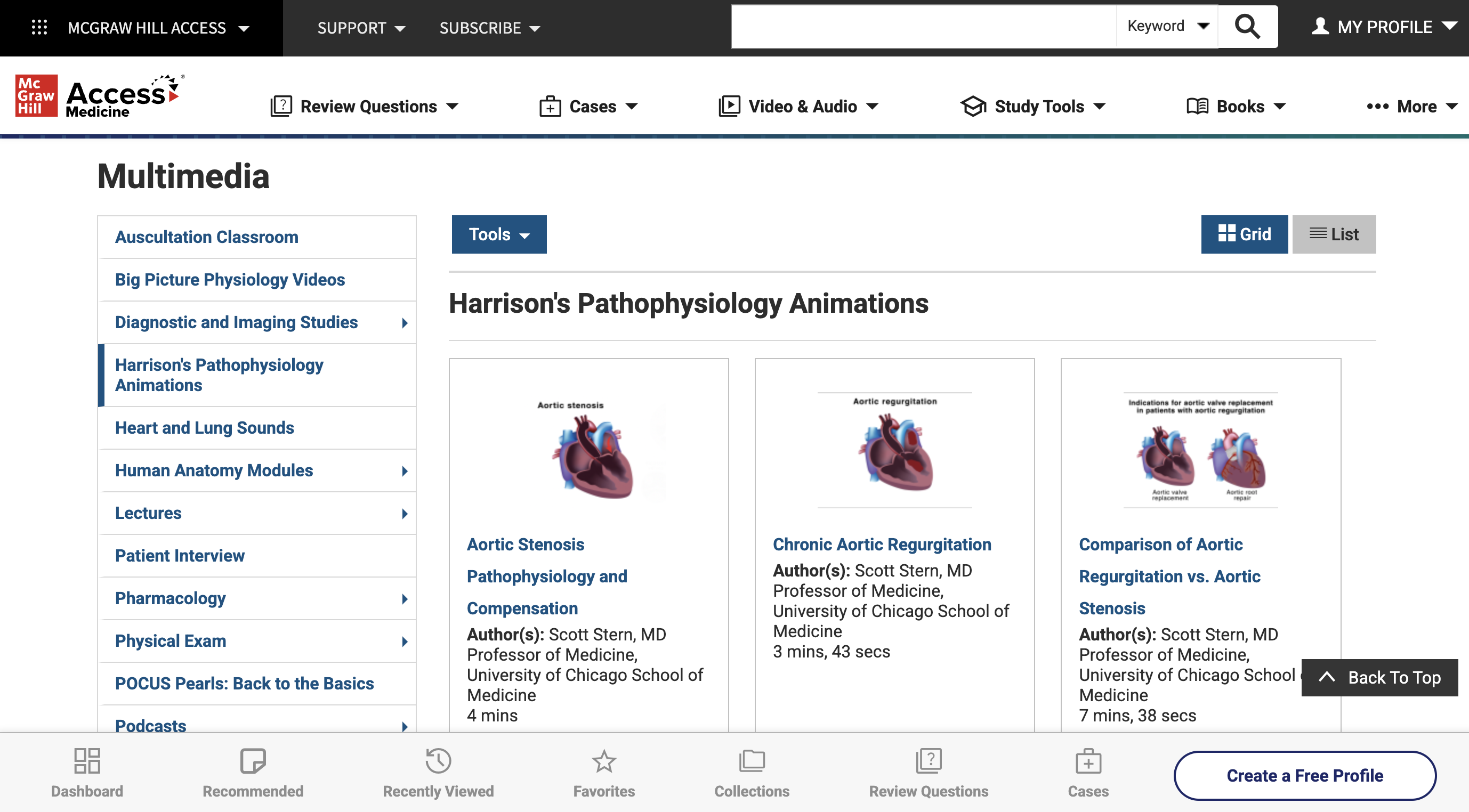 Screenshot of Access Medicine website with Harrison's Pathophysiology Animations