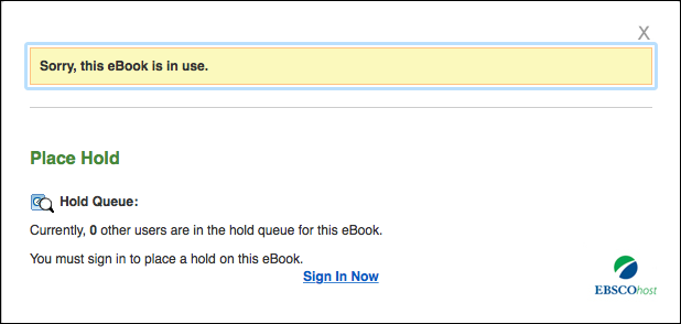Popup window from EbscoHost displaying message, “Sorry, this eBook is in use.”
