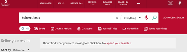 Libraries Search for tuberculosis. Narrowing limits include Books, Journal Articles, Databases, Journal Titles, Video/Film, and Sound Recordings.