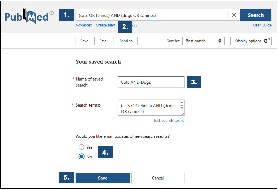 Screenshot of PubMed's saved search page.