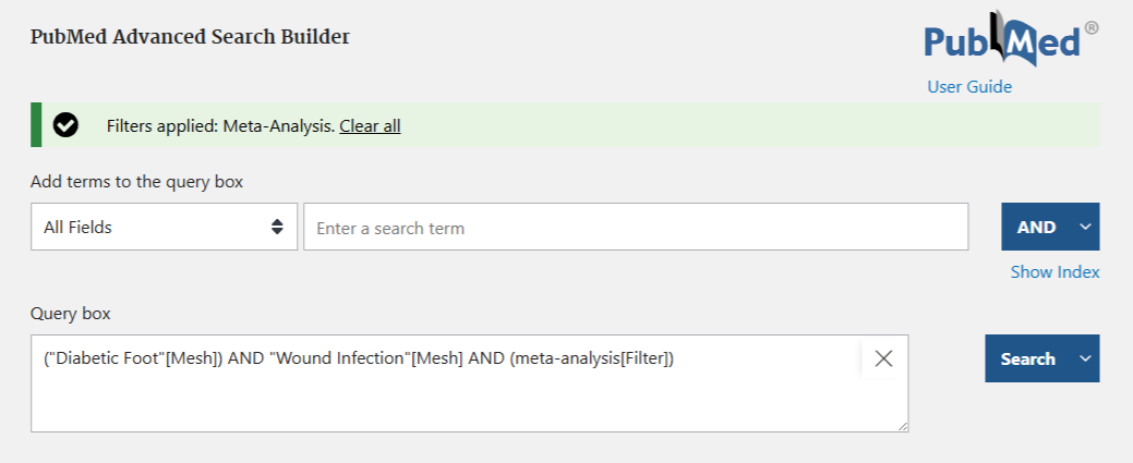 PubMed search for ("Diabetic Foot"[Mesh]) AND "Wound Infection"[Mesh] AND (meta-analysis[Filter])