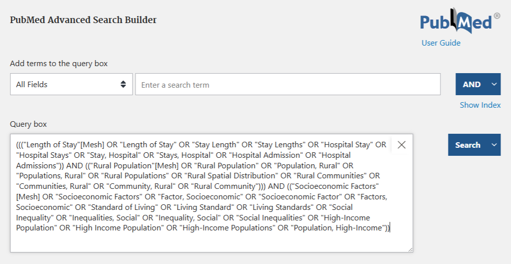 PubMed Search illustrating a comprehensive search string that includes mesh terms, keywords, and Boolean operators to organize the search strategy