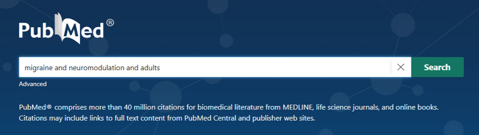 PubMed search for migraine and neuromodulation and adults