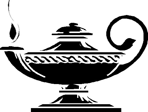 The image depicts a black stencil illustration of the Lamp of Knowledge.