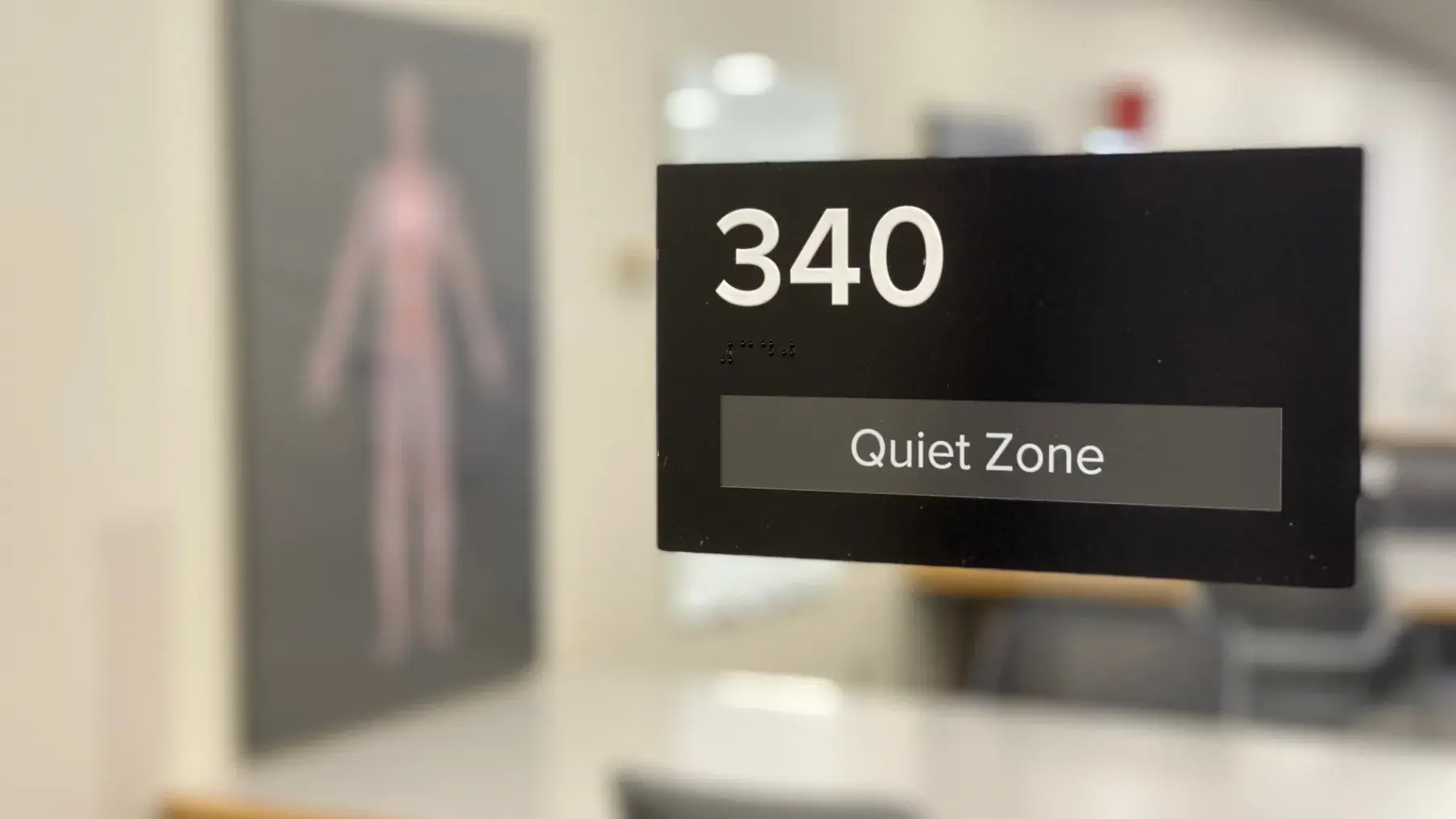 A close up of the room number plate for Prior 340, a quiet study zone in the HSL