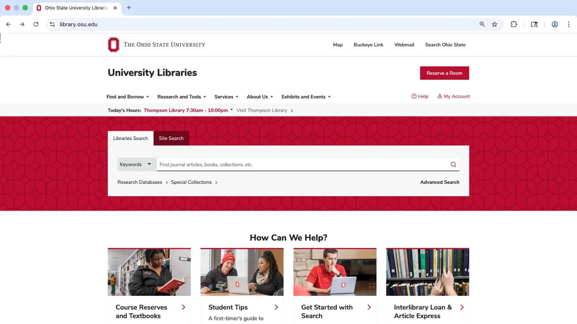Screenshot of The Ohio State University's University Library page.
