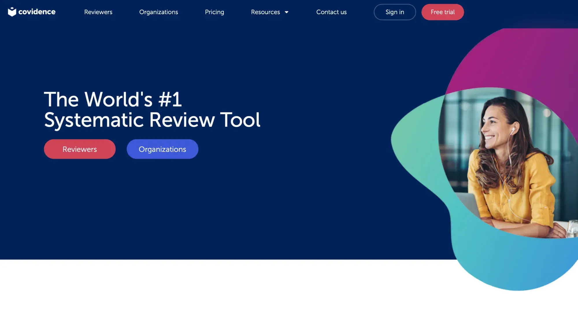 Screenshot of Covidence's homepage.