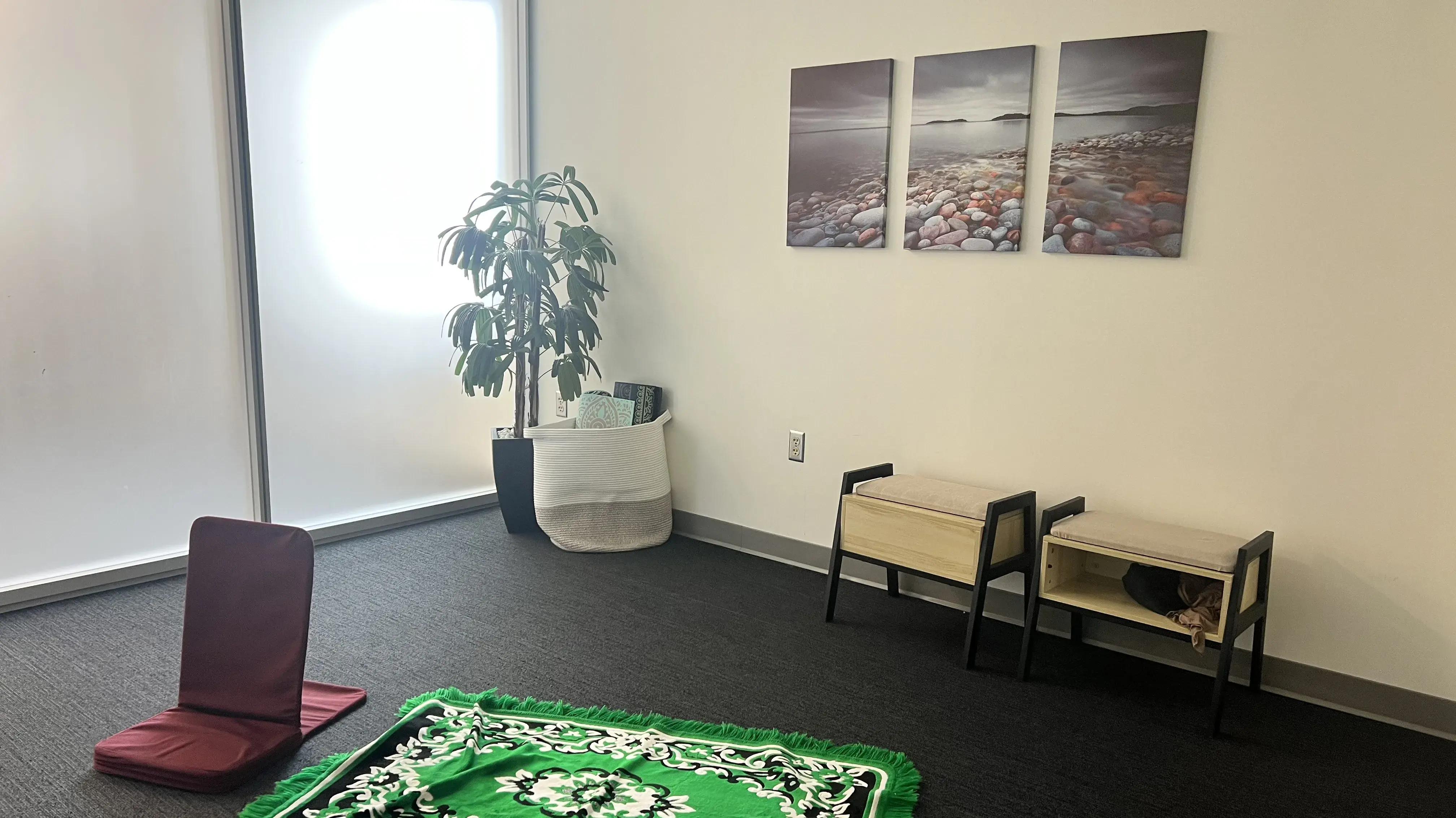 Dimly lit meditation room.