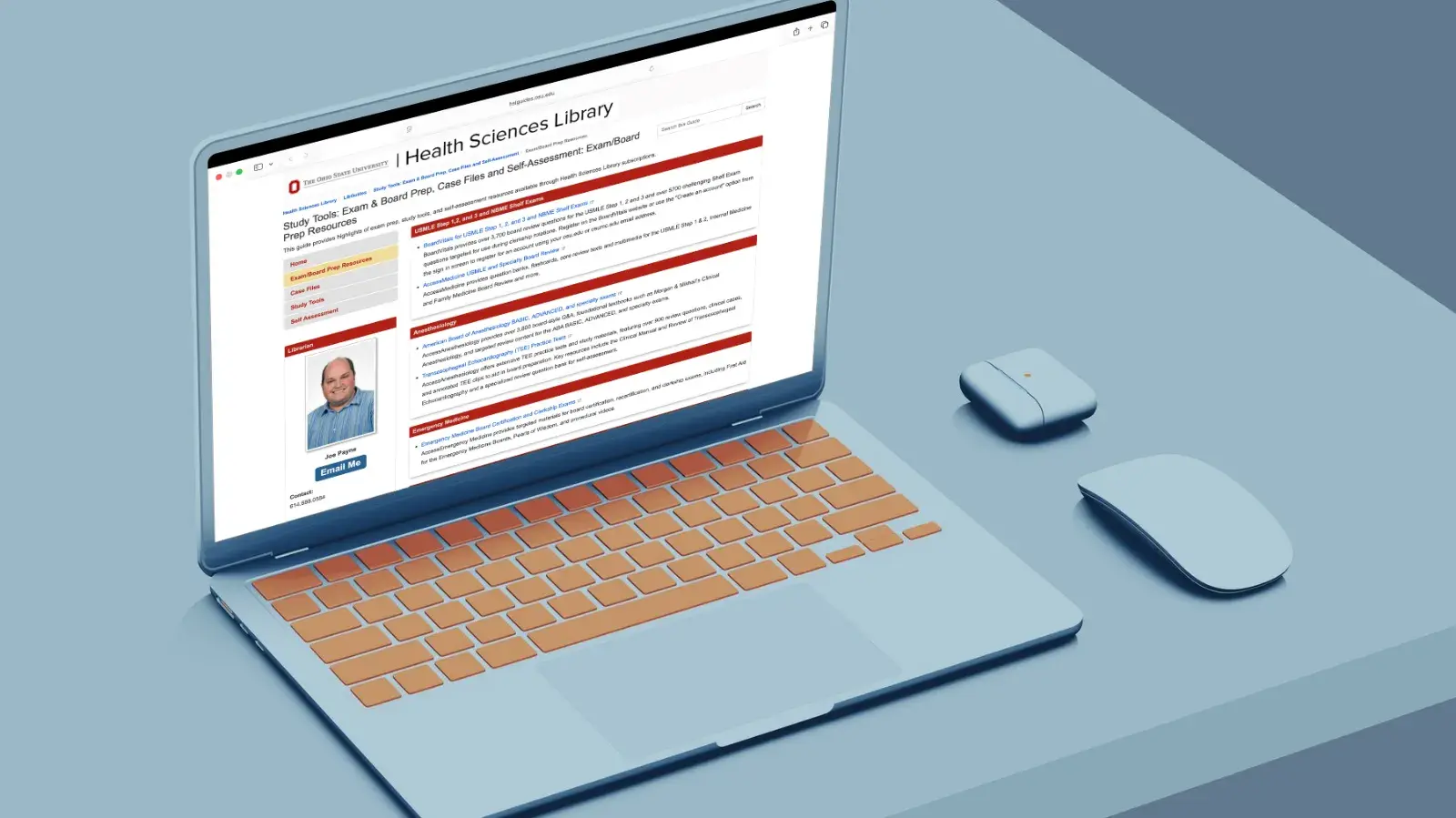 "Study Tools: Exam &amp; Board Prep, Case Files and Self-Assessment: on the Health Sciences Library's website, mocked up on a laptop.
