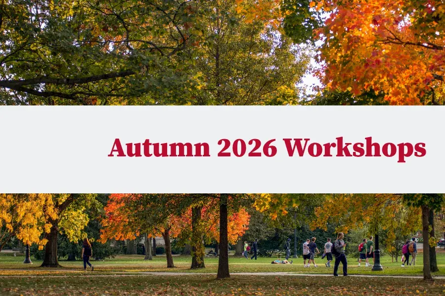 Banner reads Autumn 2026 Workshops across a park with colorful fall trees and people walking.