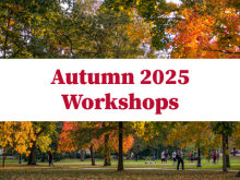 Autumn 2025 Workshops title over a park scene with colorful autumn trees.