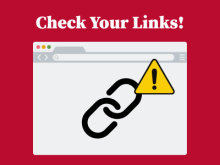 Web browser graphic with a broken chain link and warning symbol, titled "Check Your Links!" on a red background.