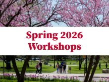 Spring 2026 Workshops text over a photo of a park with blooming pink trees and people walking, conveying a lively and hopeful spring atmosphere.
