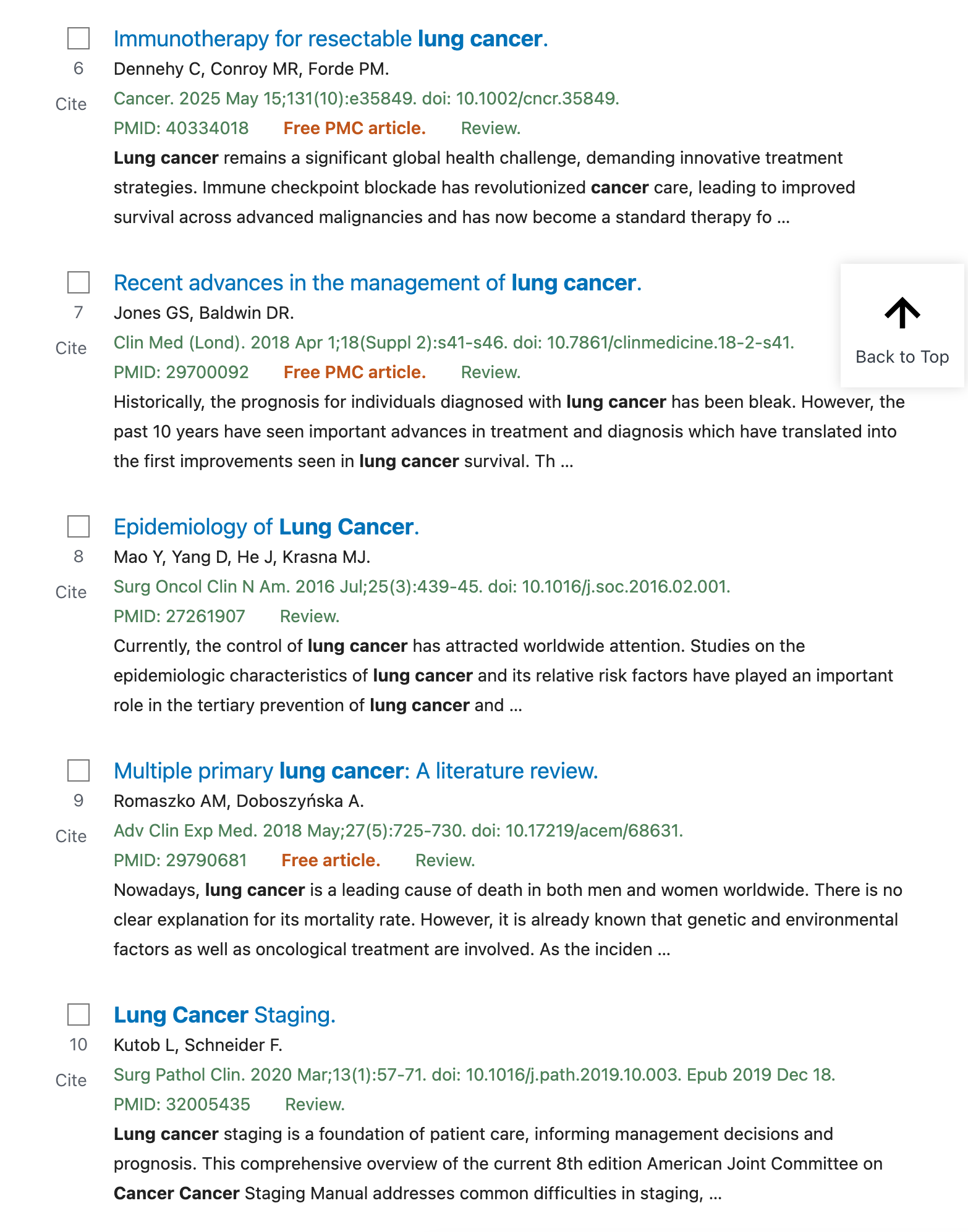 PubMed search results without LibKey Nomad, does not show article links