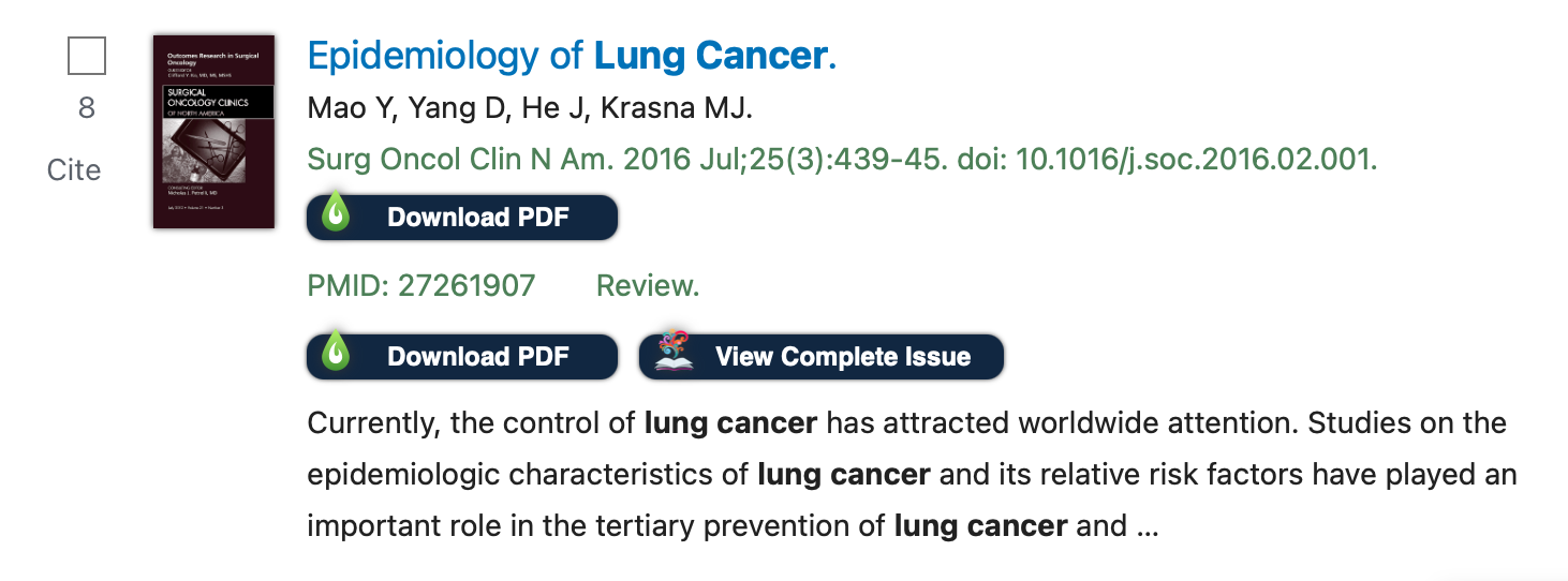 PubMed individual search result with LibKey Nomad, shows article links and cover art