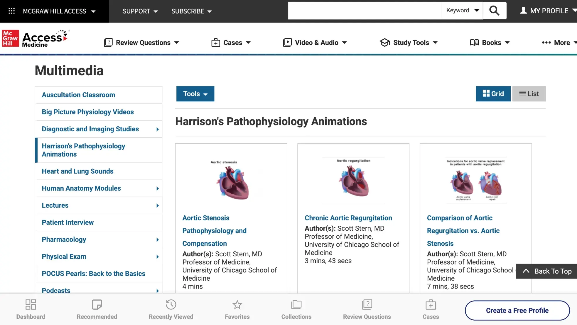 Screenshot of McGraw Hill's page for educational videos, showing Harrison's Pathophysiology Animations.