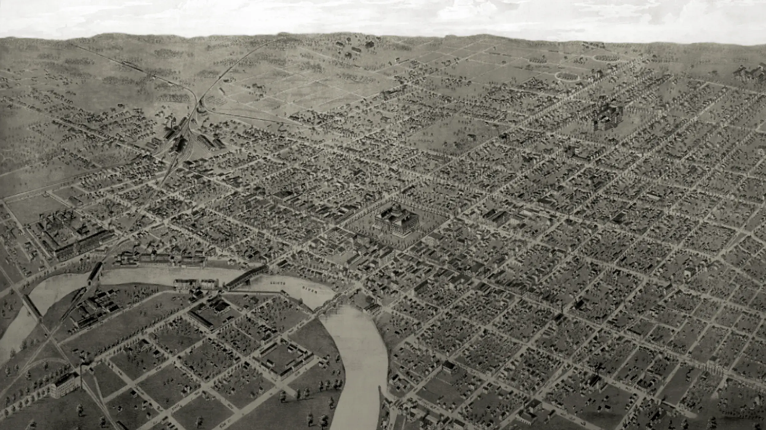 vintage aerial rendering of downtown columbus  