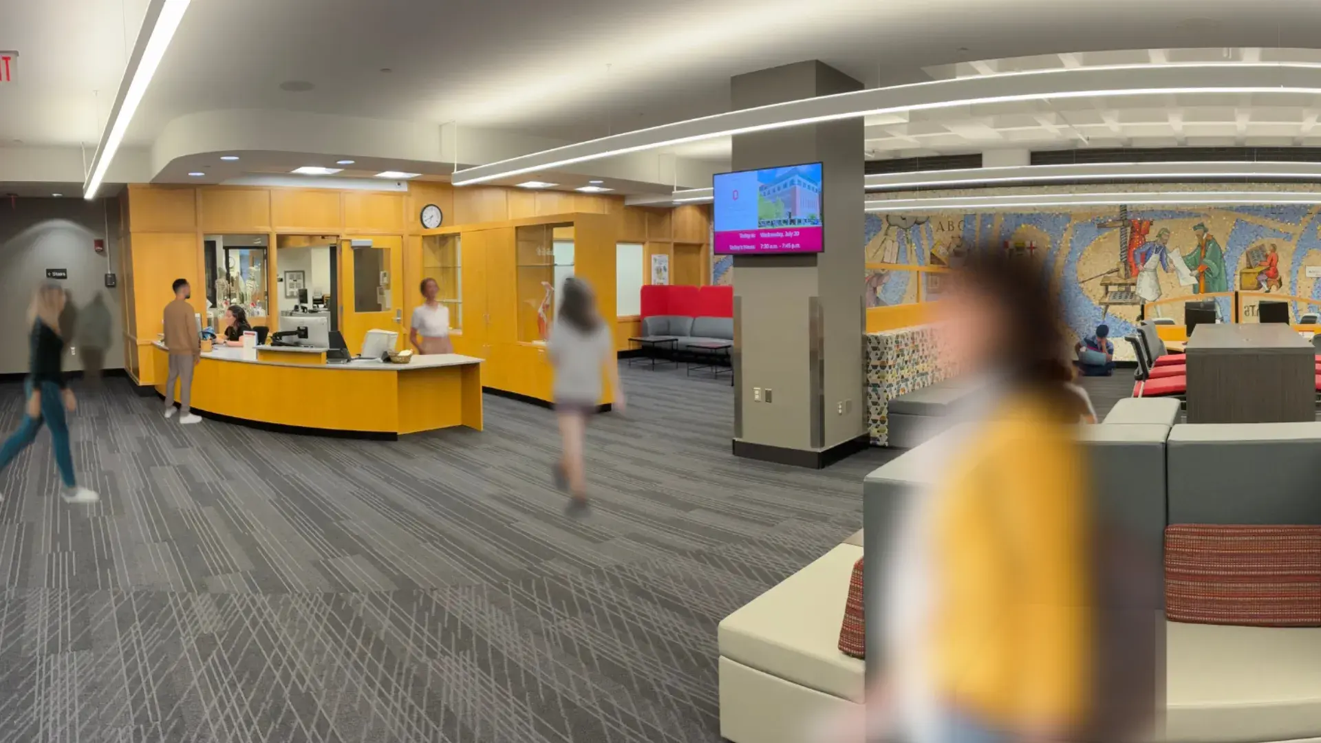 A stylized action view of the HSL's first floor